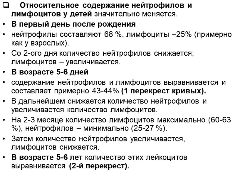 Относительное содержание нейтрофилов и лимфоцитов у детей значительно меняется. В первый день после рождения